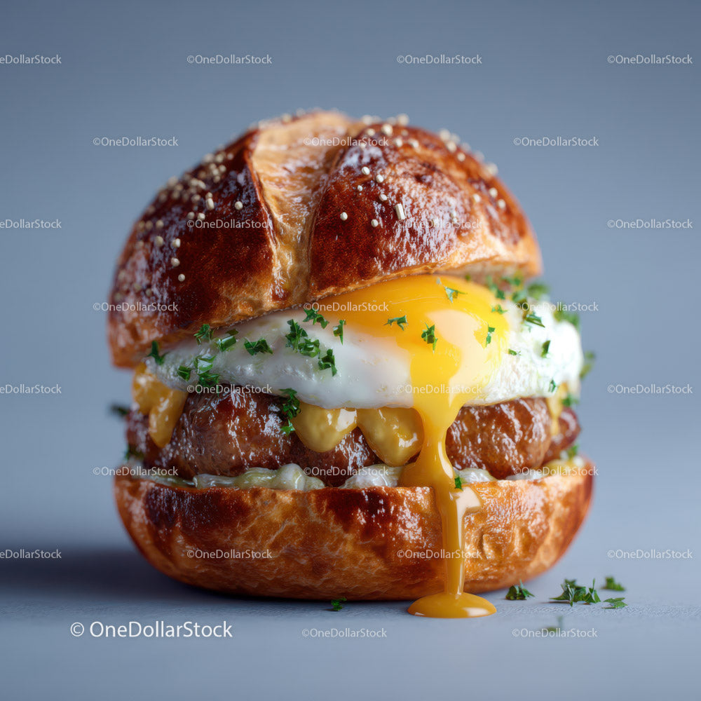 Wykwintny burger śniadaniowy z jajkiem sadzonym i ziołami