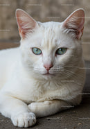 Close up of serene white cat with blue eyes