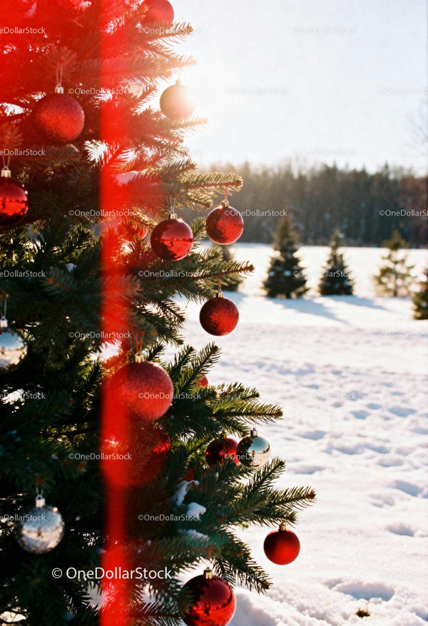 Decorated Christmas Tree Outdoors on Snowy Winter Day