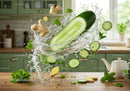 Fresh cucumber and ginger splashing in kitchen water