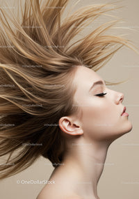 Young woman with flowing blonde hair profile pose