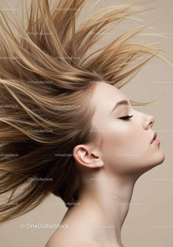 Young woman with flowing blonde hair profile pose