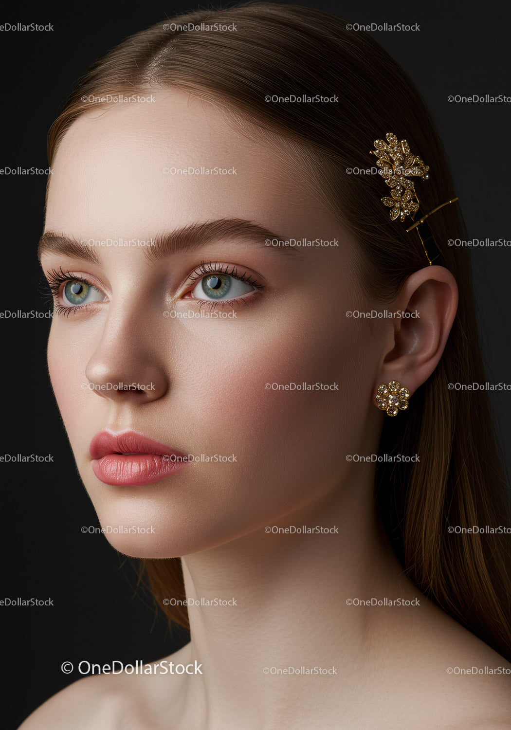 Elegant Woman with Gold Hairpin and Earrings in Fine Beauty Portrait