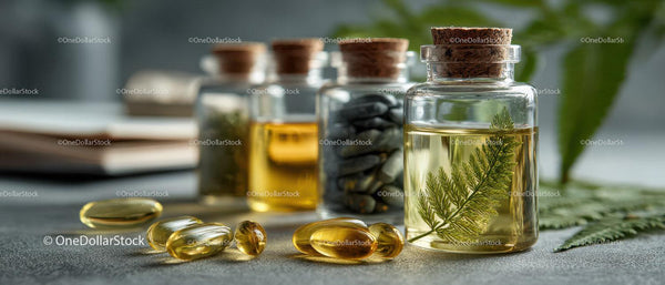 Herbal Essential Oils in Glass Jars with Green Botanical Leaves