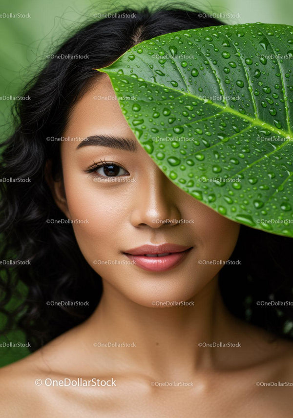 Close-Up of Beautiful Woman with Leaf and Water Droplets