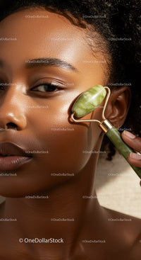 Natural Black Woman Using Jade Roller for Facial Massage and Skin Care