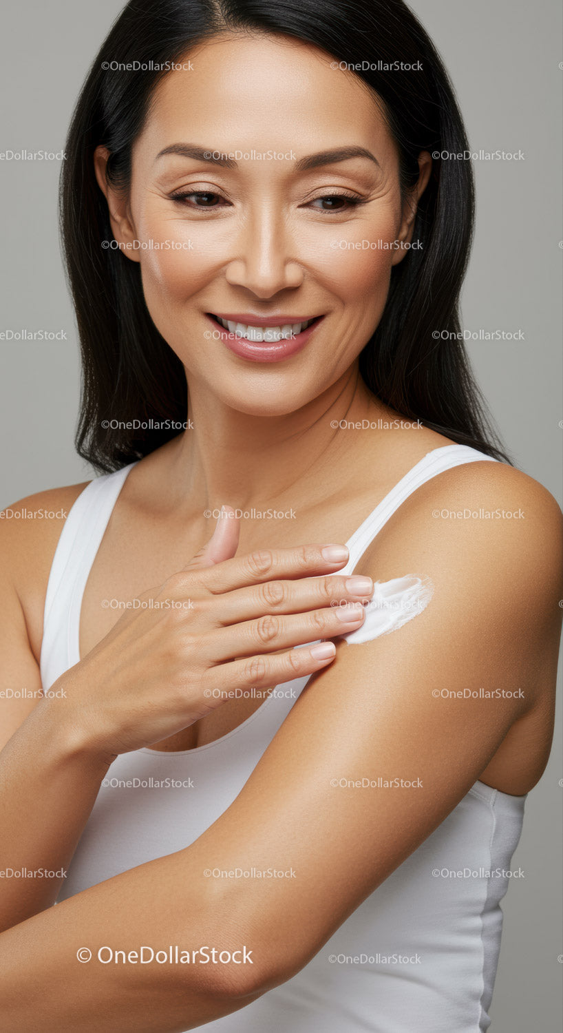 Beautiful Woman Applying Lotion to Arm for Healthy Skin