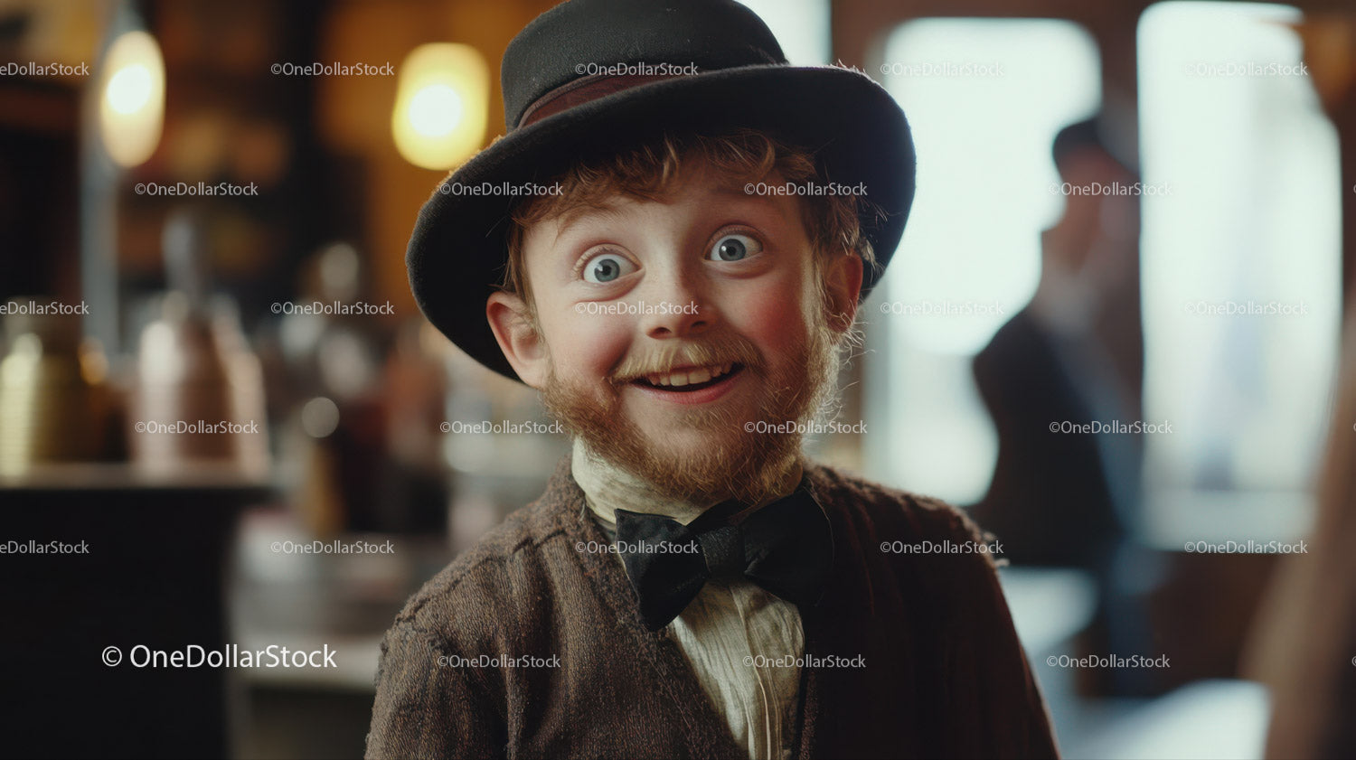 Young Man in Vintage Costume with Top Hat Smiling Cheerfully
