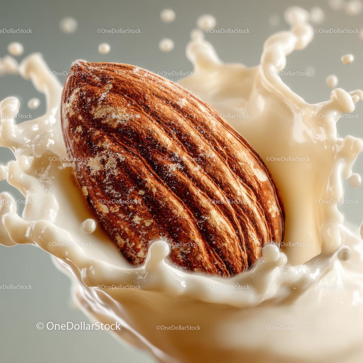 Almond Splashing in Creamy Milk Against Soft Background