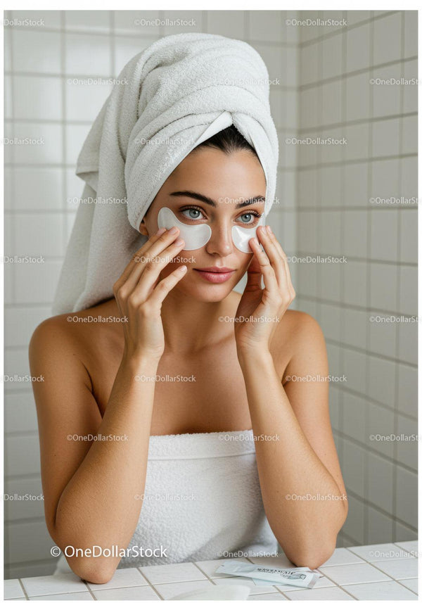 Young woman applying eye patches in bathroom