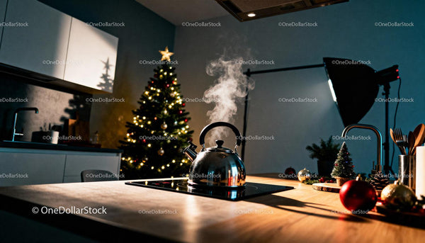 Steaming kettle on stove with cozy Christmas kitchen