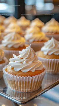 Vanilla Cupcakes with Whipped Cream Frosting on Bakery Tray