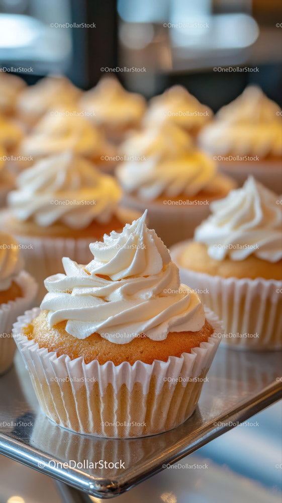 Vanilla Cupcakes with Whipped Cream Frosting on Bakery Tray