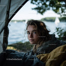 Young Woman Relaxing in Tent by Scenic Lake During Outdoor Camping