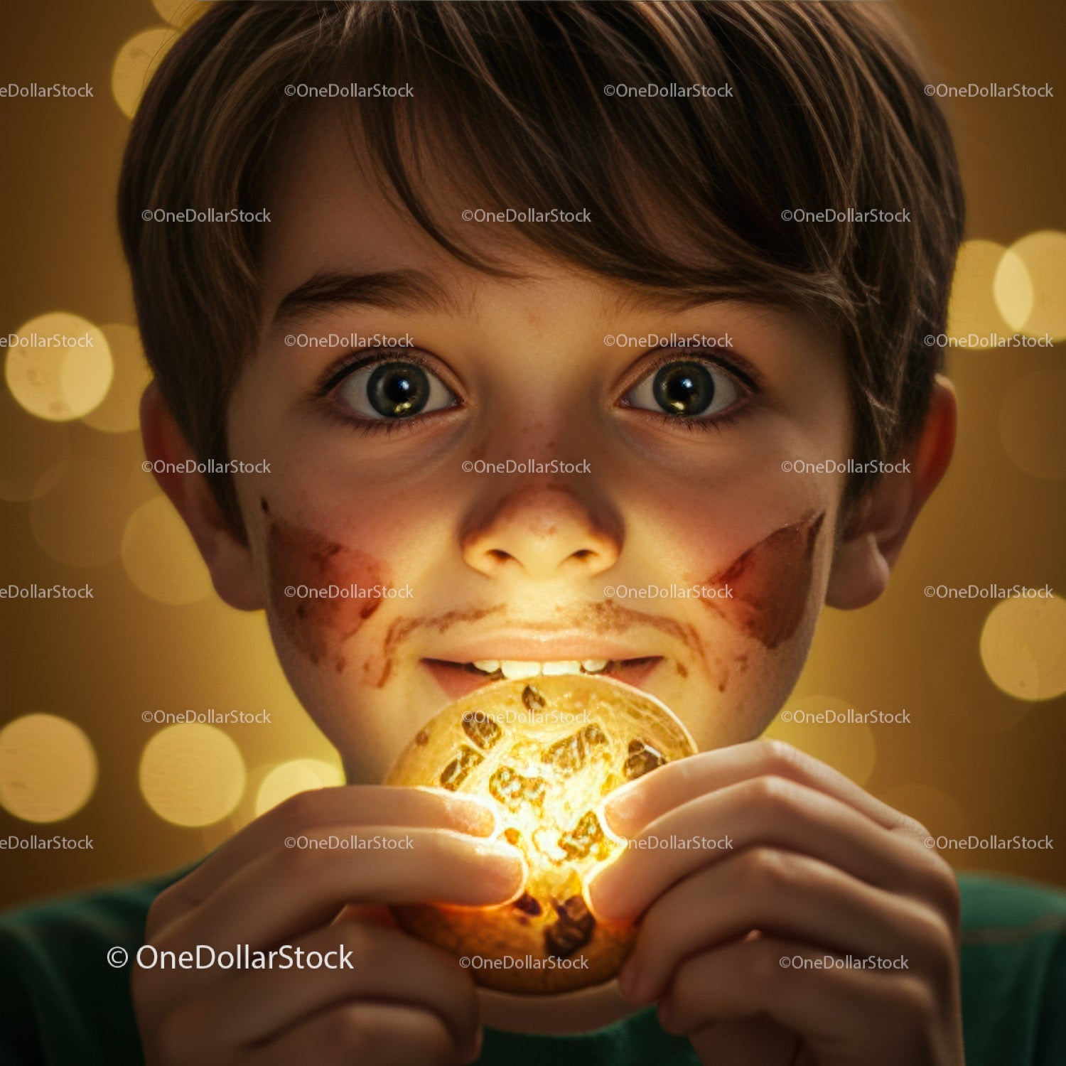 Child holding glowing chocolate chip cookie close up