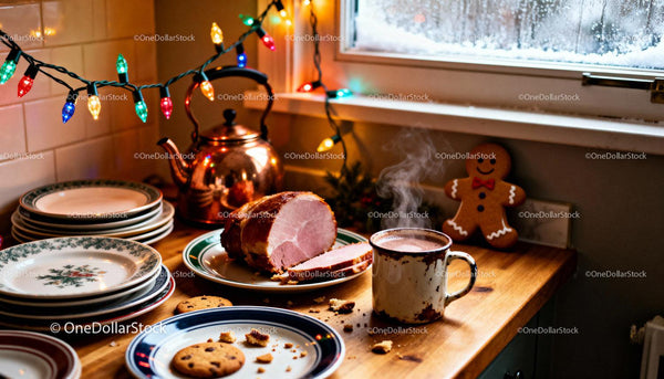 Cozy Christmas kitchen scene with ham and hot cocoa