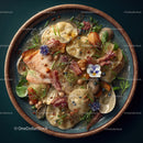 Gourmet Seafood Ravioli Plate with Edible Flowers and Fresh Herbs