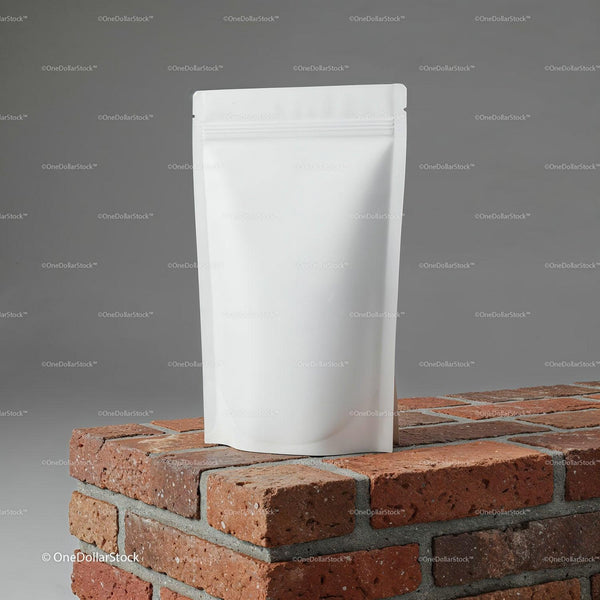 Minimalist white resealable pouch on rustic brick surface JPG Mockup Image