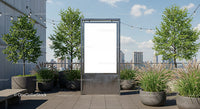 Urban rooftop garden with blank advertising board