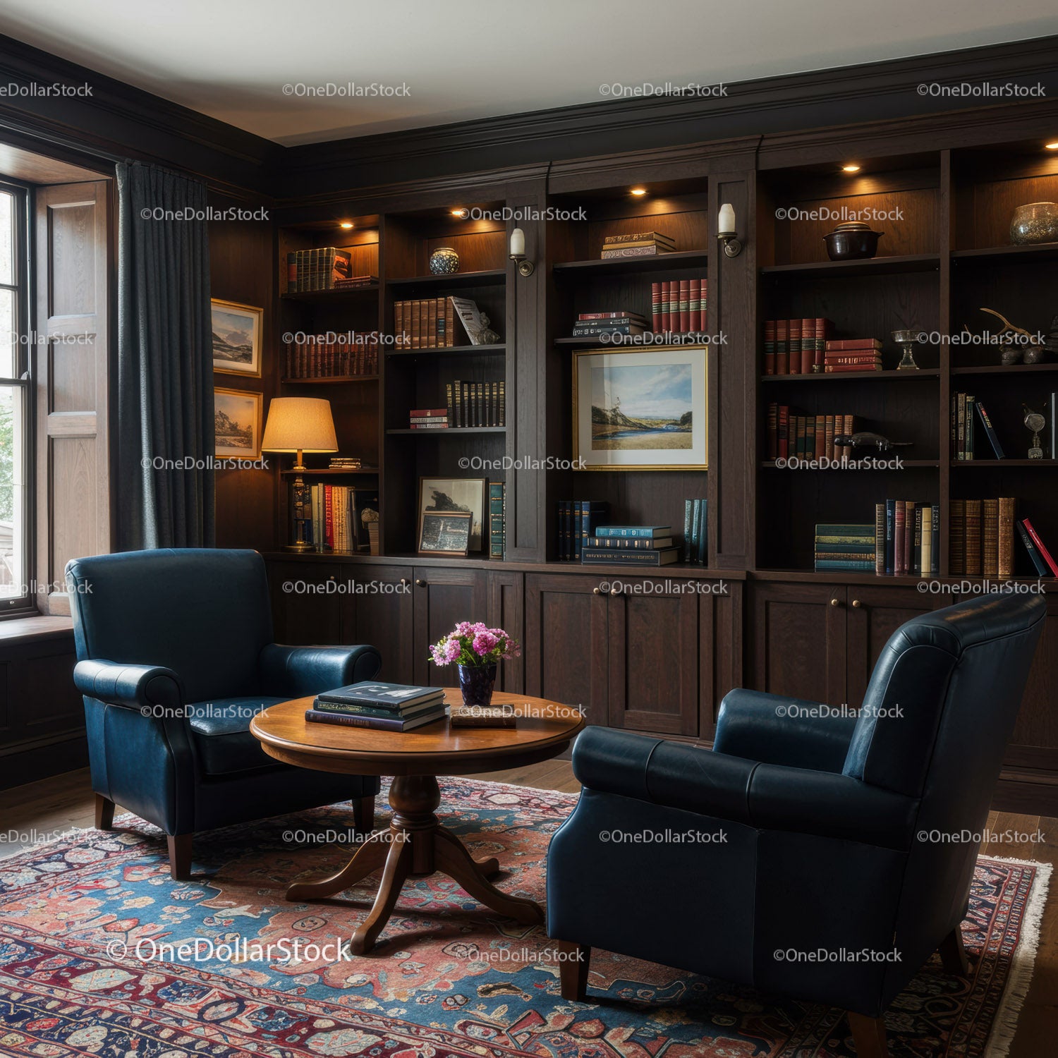 Cozy library corner with leather armchairs and bookshelves