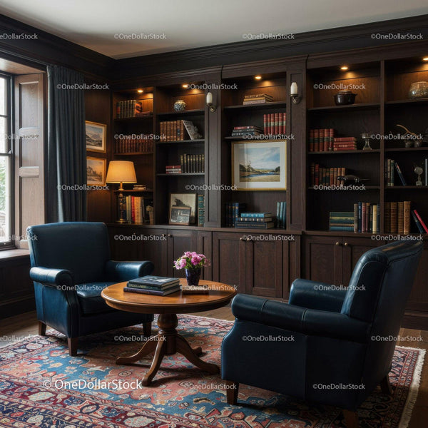 Cozy library corner with leather armchairs and bookshelves