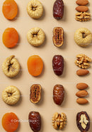 Assorted dried fruits and nuts arranged on beige background