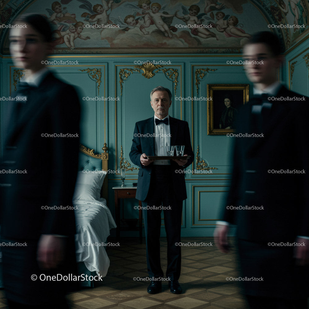 Elegant Waiter in a Luxurious Vintage Setting Serving Drinks