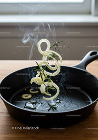 Sizzling Onions and Fresh Rosemary in Cast Iron Skillet