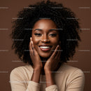 Confident Black Woman with Curly Hair and Bright Smile in Studio