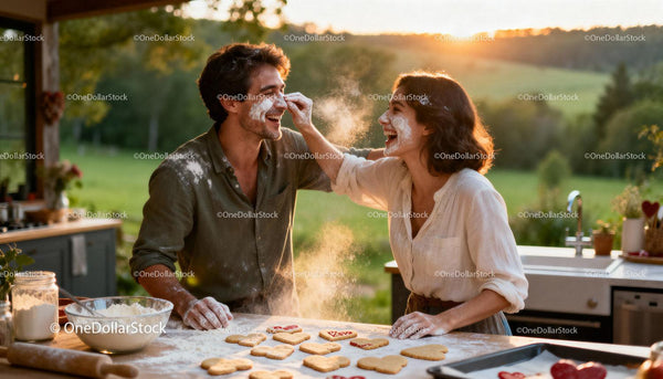 Couple Playfully Baking Heart Cookies Together Outdoors