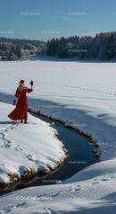 Woman in Red Dress Waving in Snowy Winter Landscape