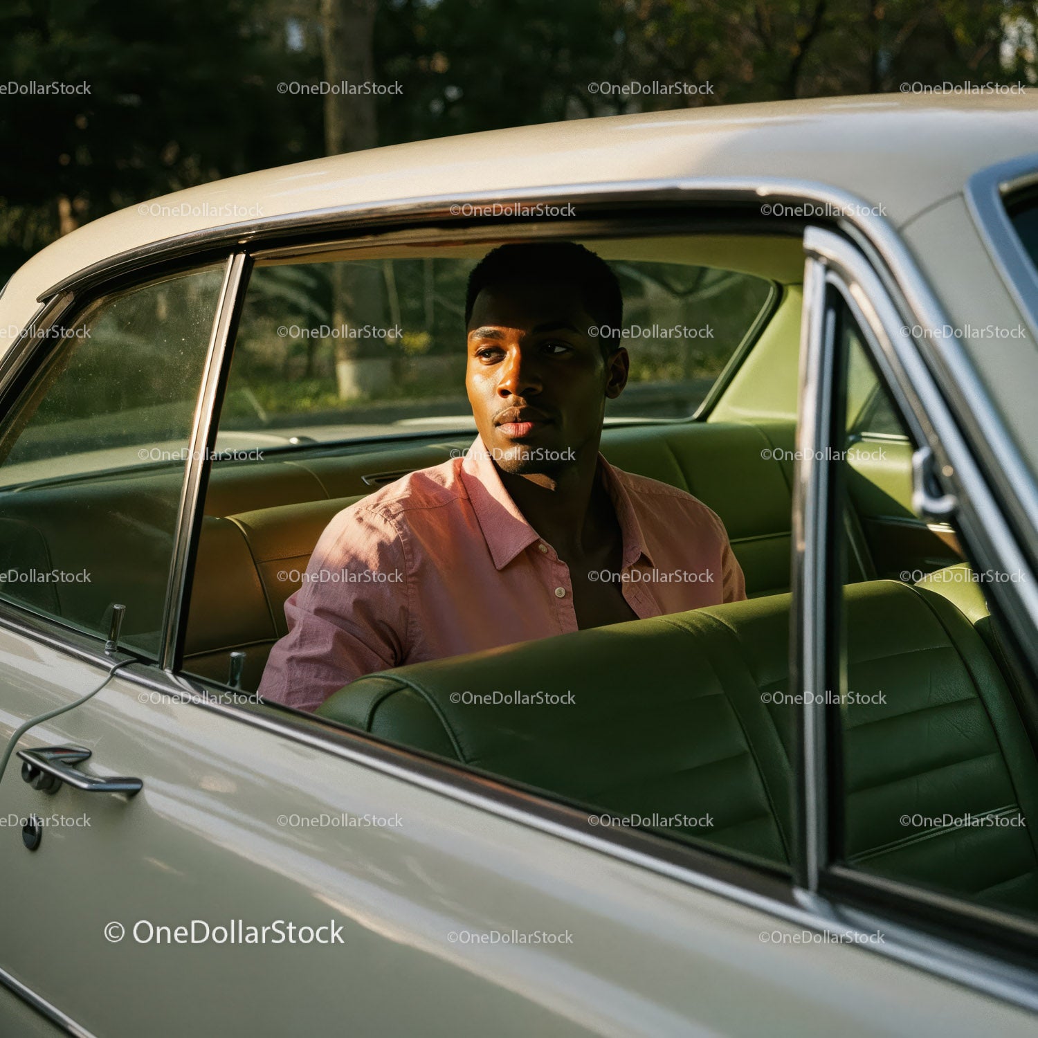 Young Man Relaxing Inside Vintage Car on Scenic Road
