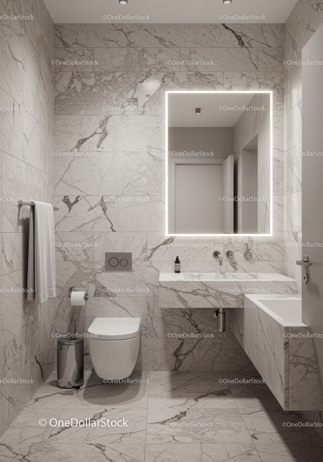 Modern Luxury Bathroom with Marble Walls and Sleek Fixtures