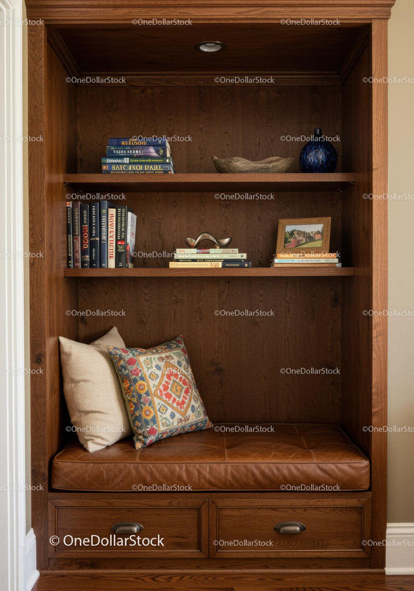 Elegant Wooden Built-In Bookshelf with Cozy Bench for Reading or Relaxing