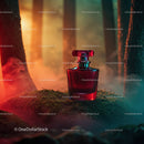 Luxury Deep Red Perfume Bottle in Mystical Forest Scene