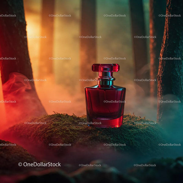 Luxury Deep Red Perfume Bottle in Mystical Forest Scene JPG Mockup Image