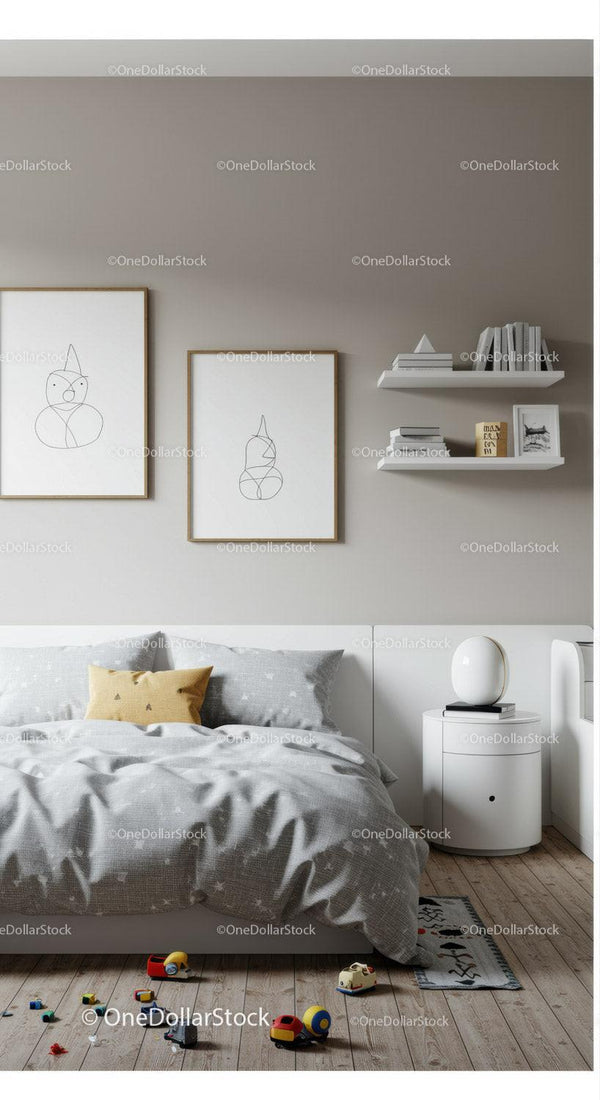 Modern Minimalist Bedroom with Gray Wall and Kids Toys