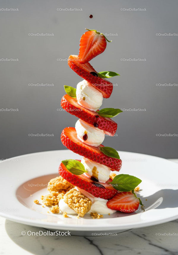 Stacked strawberry dessert with cream and fresh basil leaves
