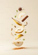 Floating Pear Slices with Spices and Nuts on Light Background