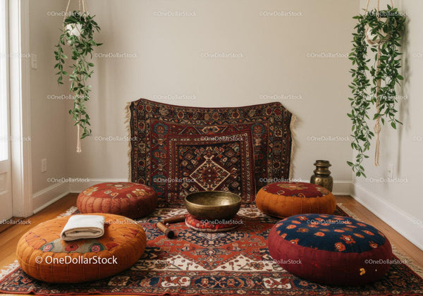 Cozy meditation corner with floor cushions and singing bowl