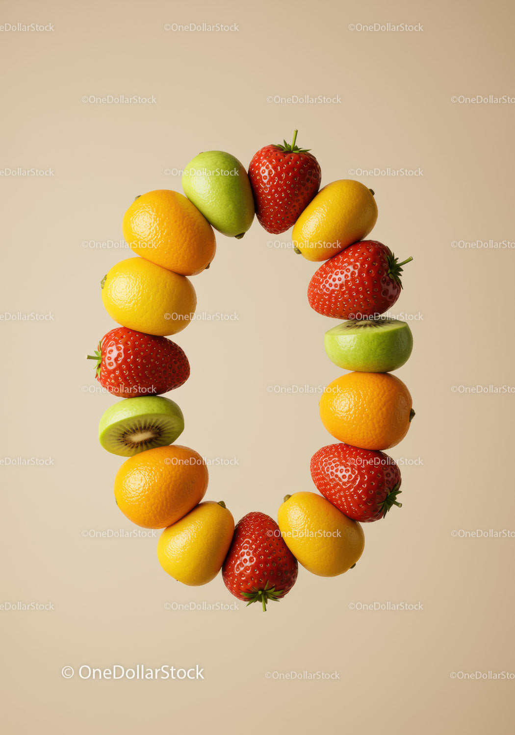Circular arrangement of fresh colorful fruits on beige background