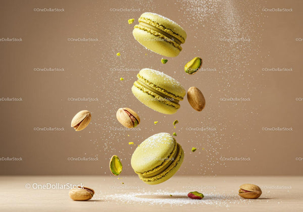 Floating pistachio macarons with scattered nuts and powder