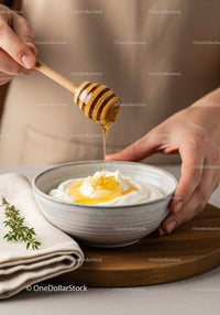Honey Drizzling Over Yogurt in a Rustic Kitchen Setting