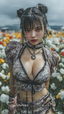 Young Woman in Floral Crop Top with Layered Jewelry in Outdoor Setting