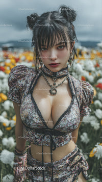 Young Woman in Floral Crop Top with Layered Jewelry in Outdoor Setting