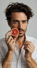 Stylish Young Man with Wavy Hair Holding Blood Orange Slice