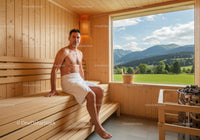 Man Relaxing in Wooden Sauna with Mountain View