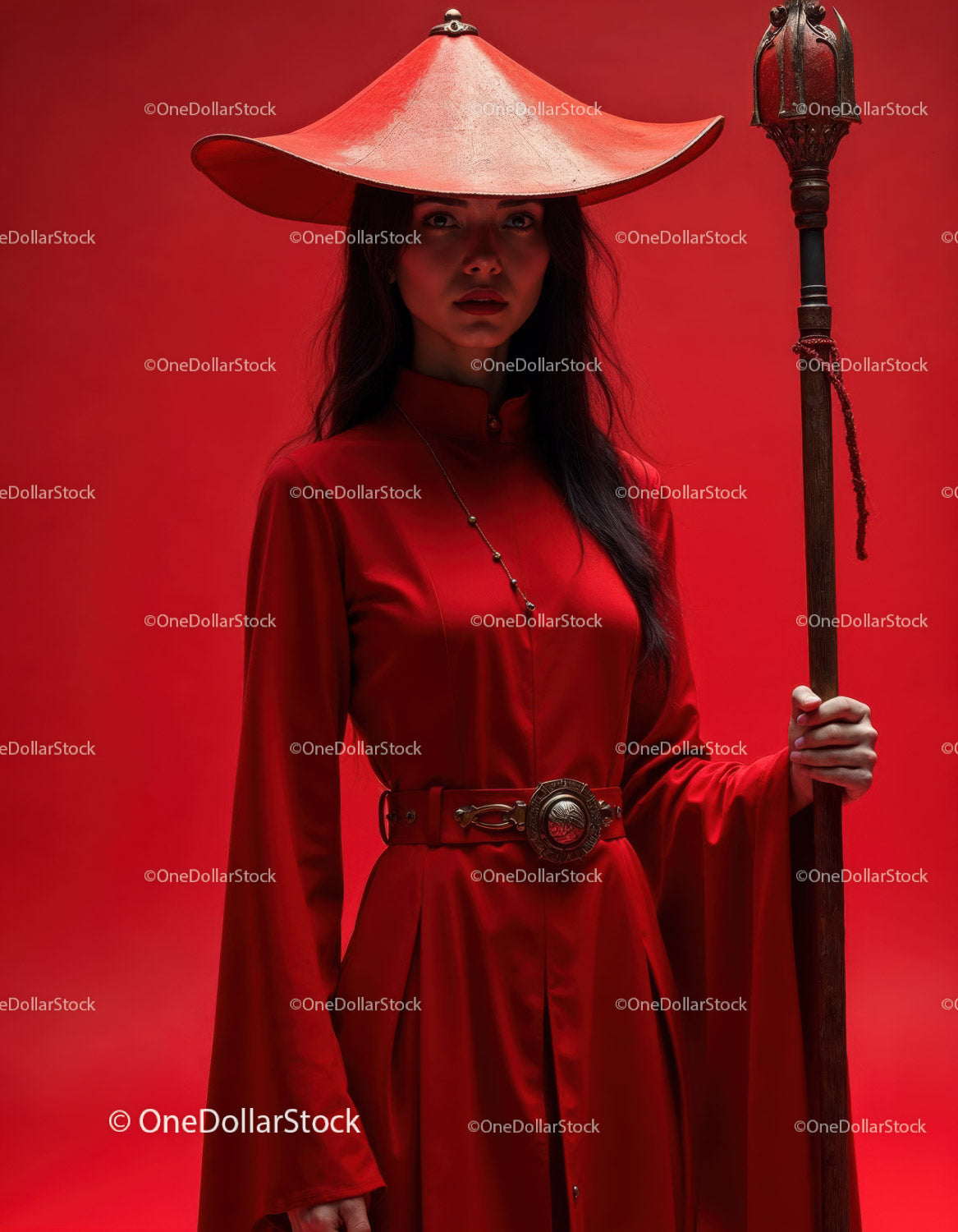 Elegant Woman in Red Dress with Accessories Against Red Background