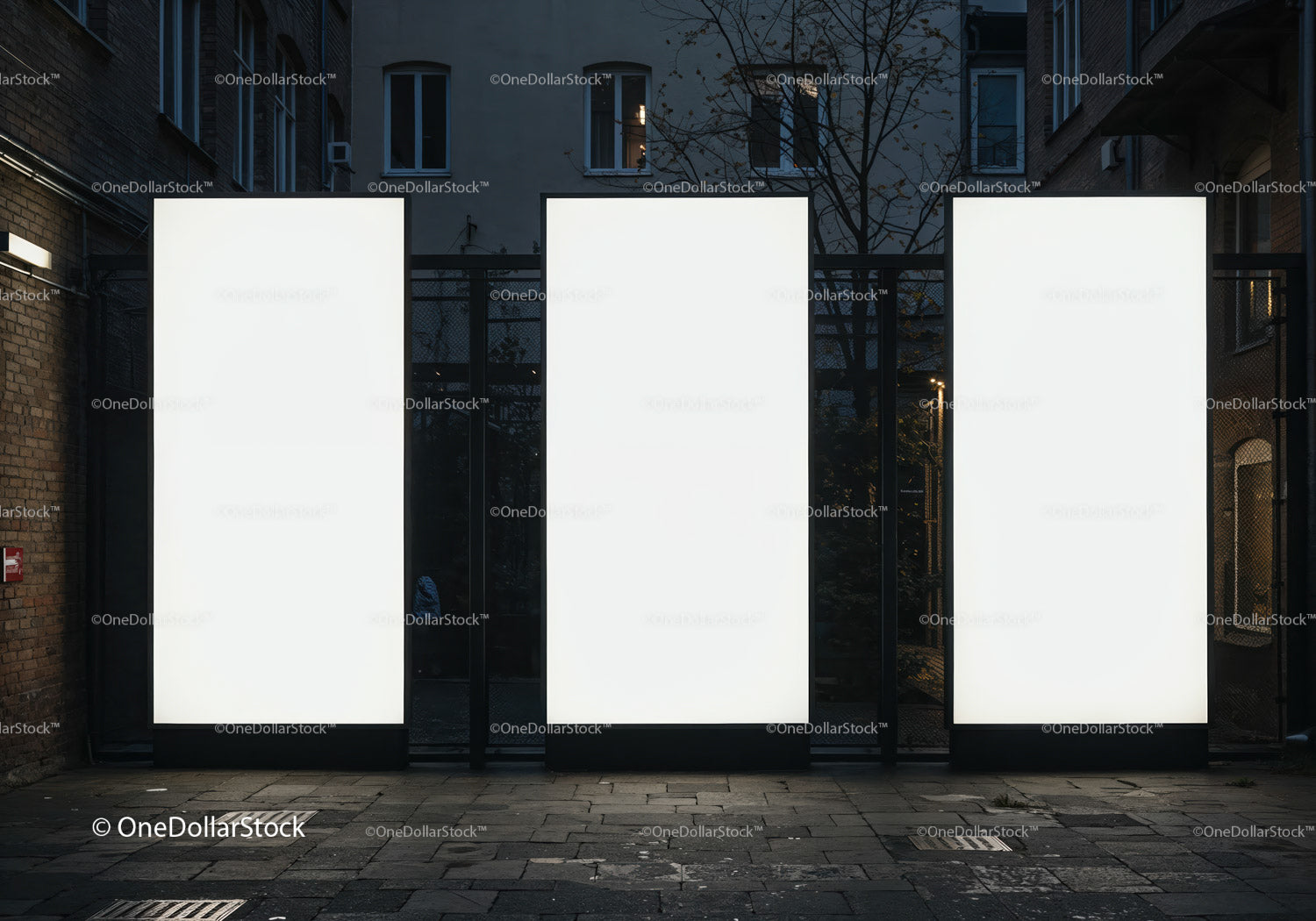 Three Large Blank Lighted Billboards in Urban Alley