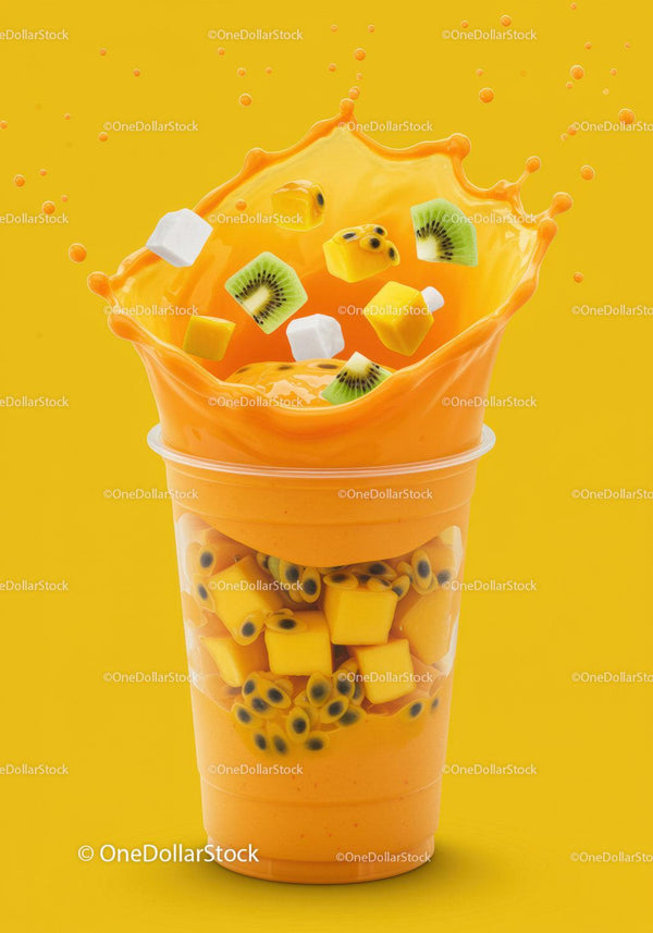Fresh tropical smoothie splashing with fruit cubes